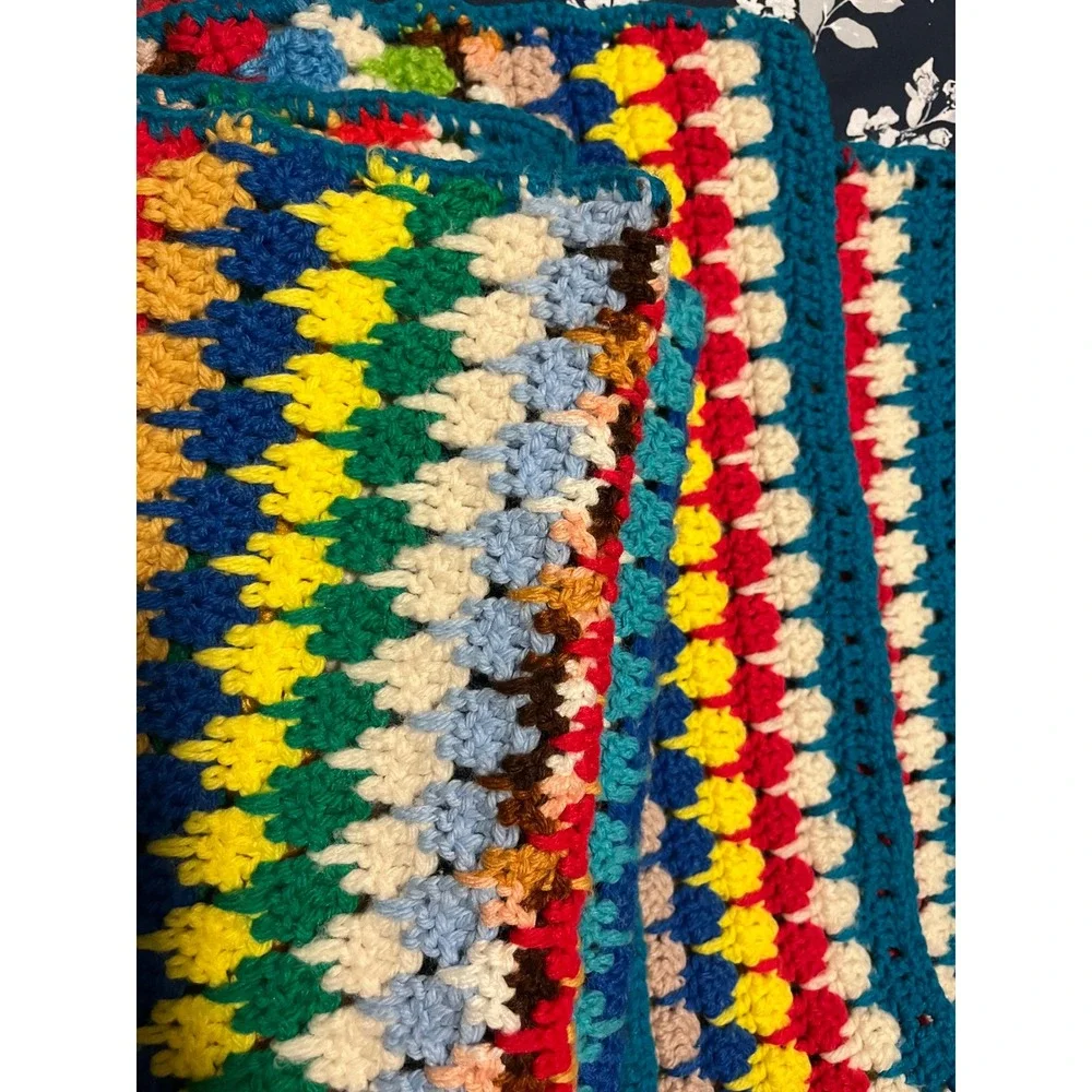 Vintage Hand crochet afghan throw 70s vibrant‎ retro Boho 47x79